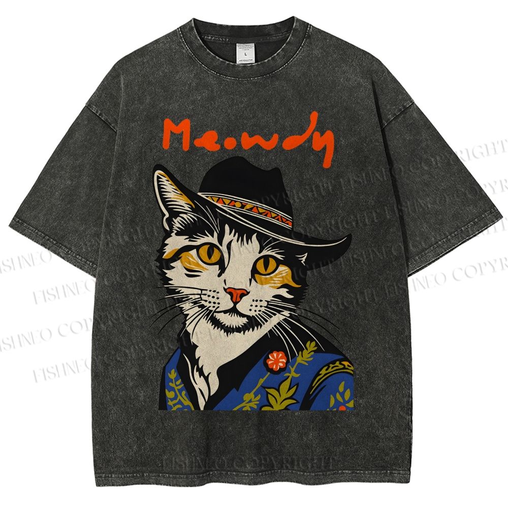 Unisex Country Style Cat Meowdy Printed Washed Tee