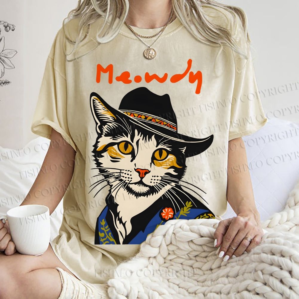 Unisex Country Style Cat Meowdy Printed Washed Tee