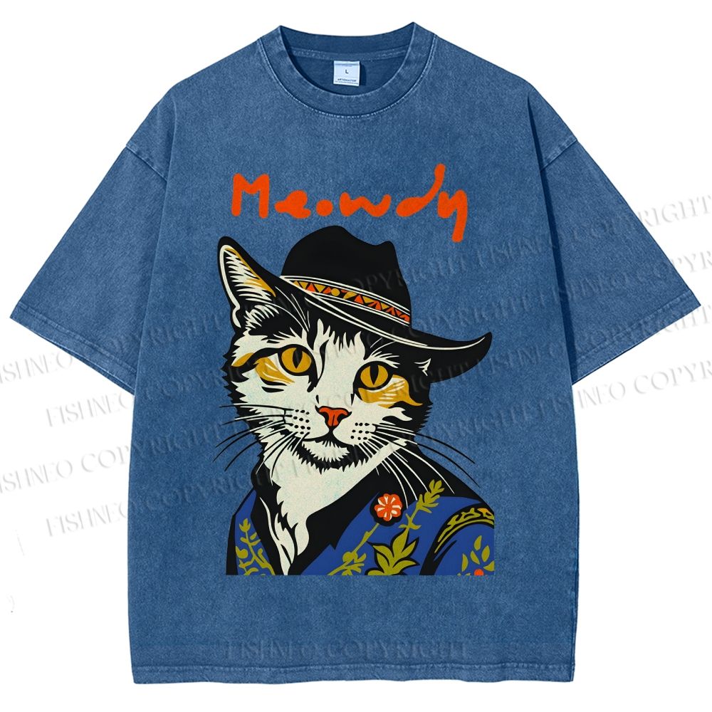 Unisex Country Style Cat Meowdy Printed Washed Tee