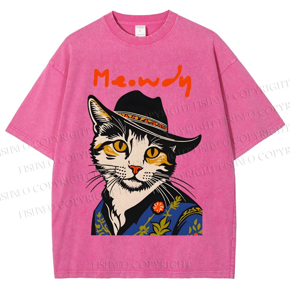 Unisex Country Style Cat Meowdy Printed Washed Tee
