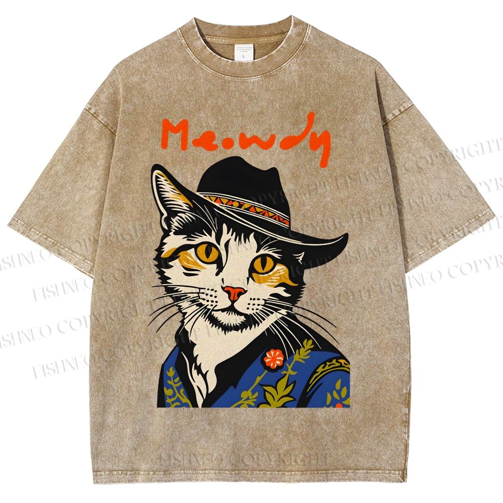 Unisex Country Style Cat Meowdy Printed Washed Tee