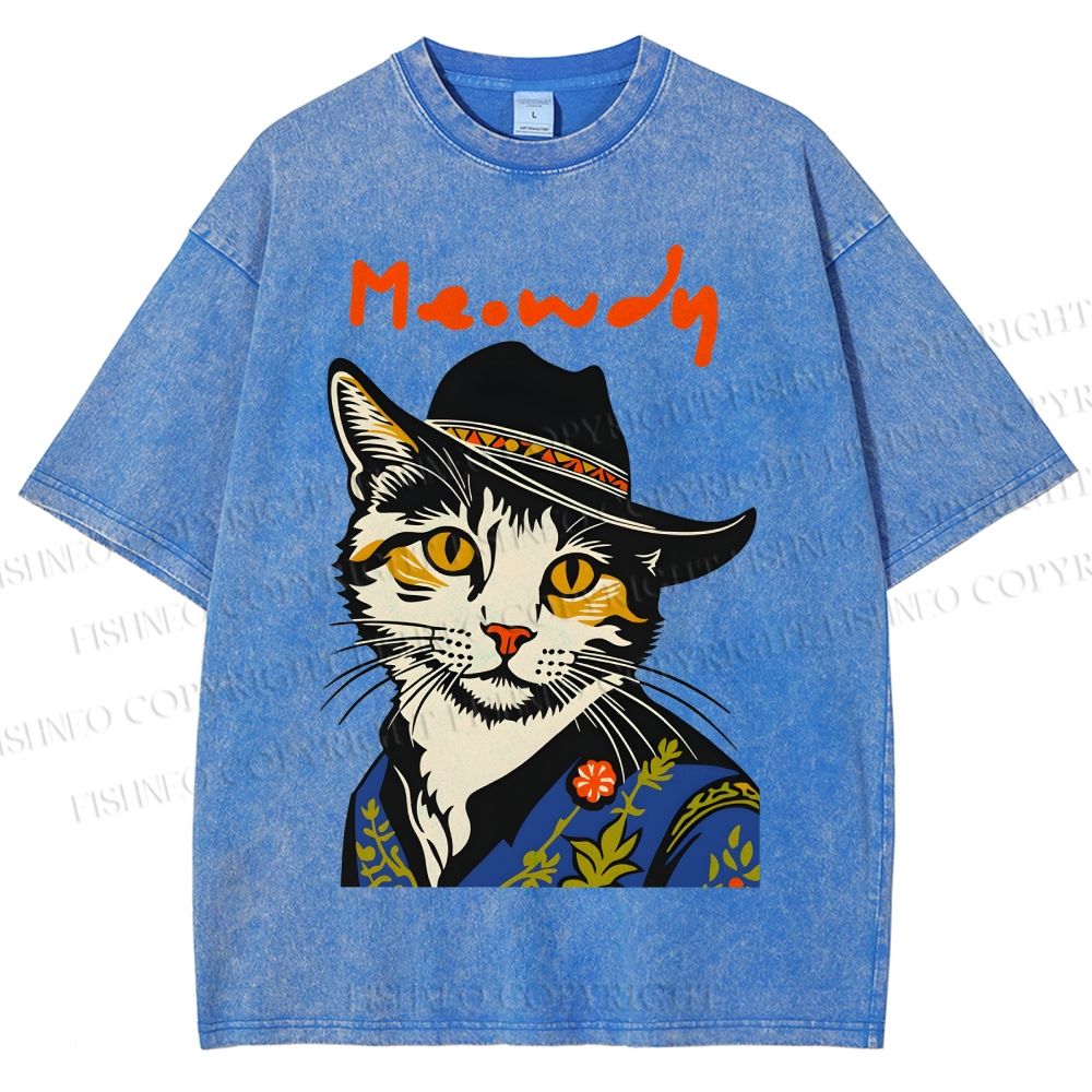 Unisex Country Style Cat Meowdy Printed Washed Tee