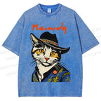 Unisex Country Style Cat Meowdy Printed Washed Tee