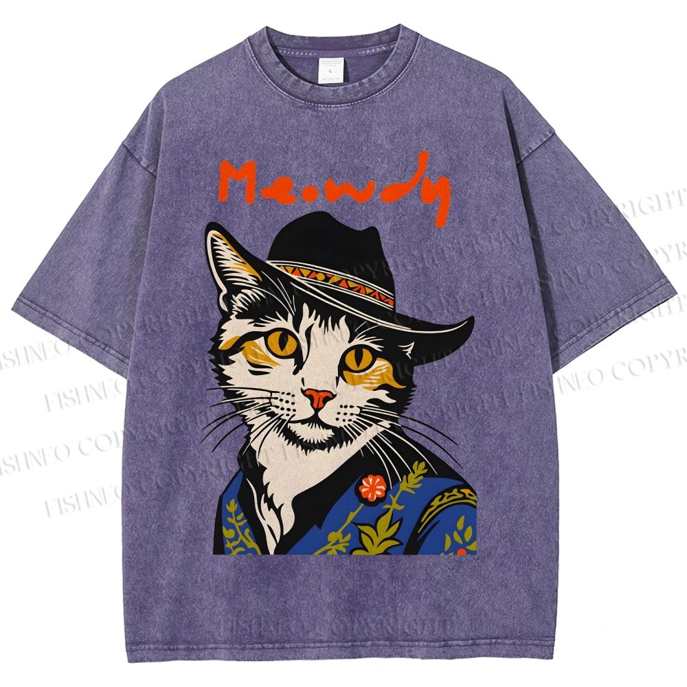 Unisex Country Style Cat Meowdy Printed Washed Tee