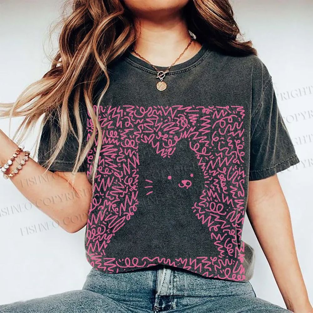 Unisex Cat Graffiti Printed Washed Tee