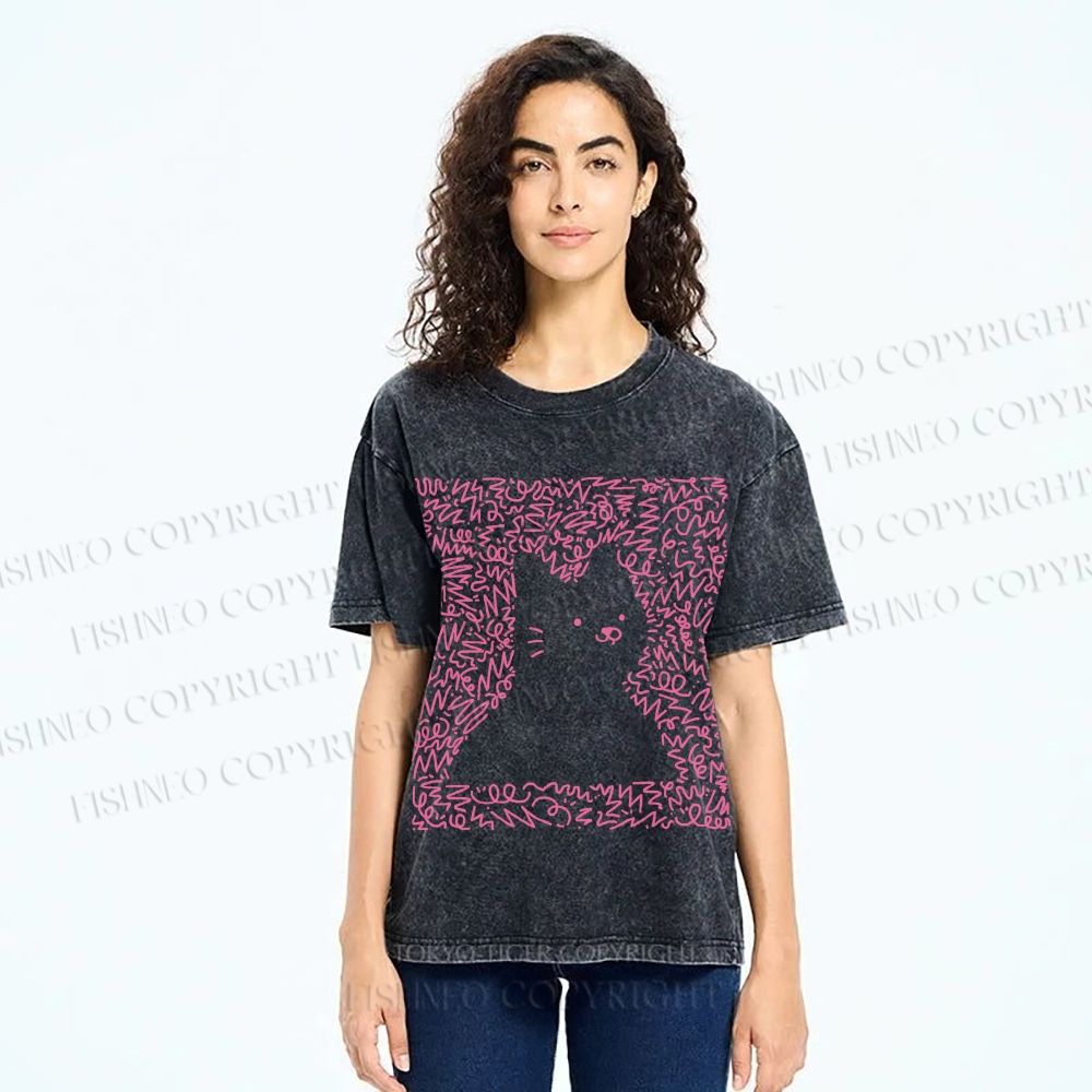 Unisex Cat Graffiti Printed Washed Tee
