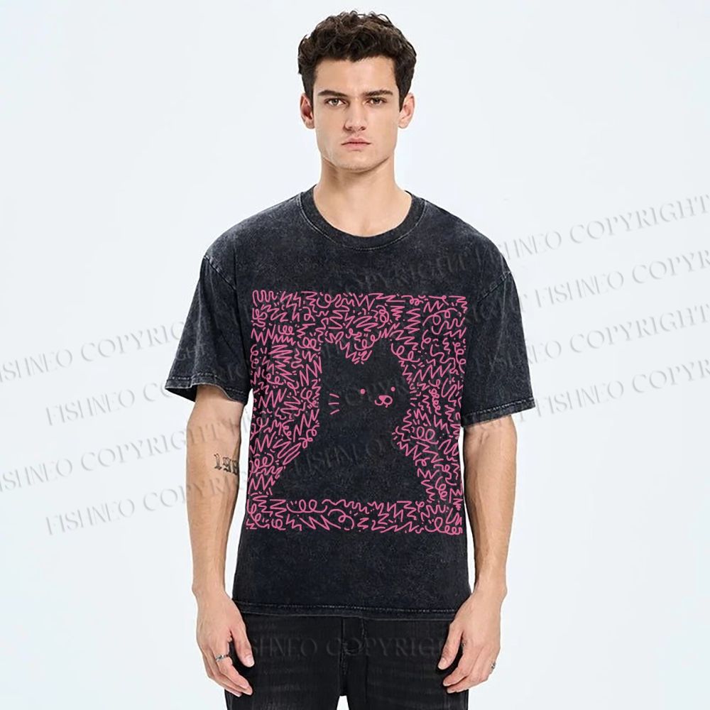 Unisex Cat Graffiti Printed Washed Tee
