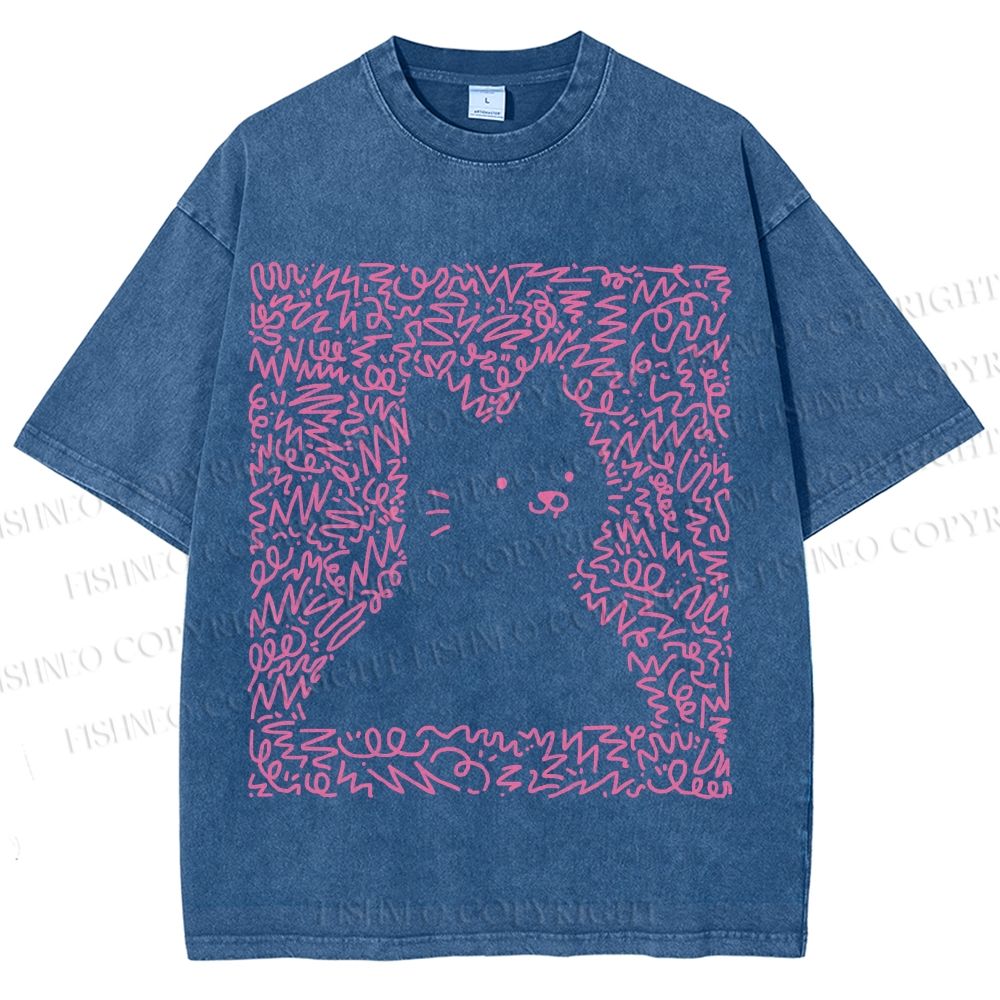 Unisex Cat Graffiti Printed Washed Tee