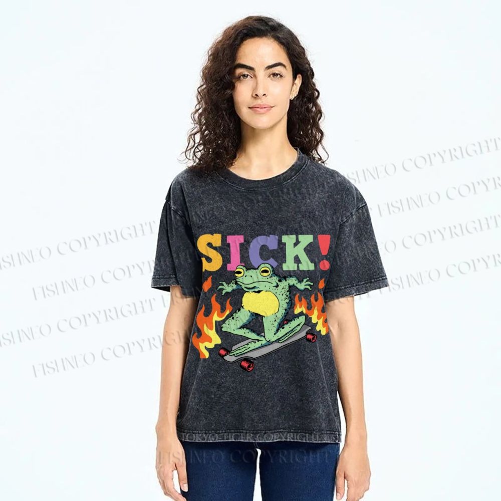 Unisex Vintage Funny Sick Frog Skating Printed Washed Tee