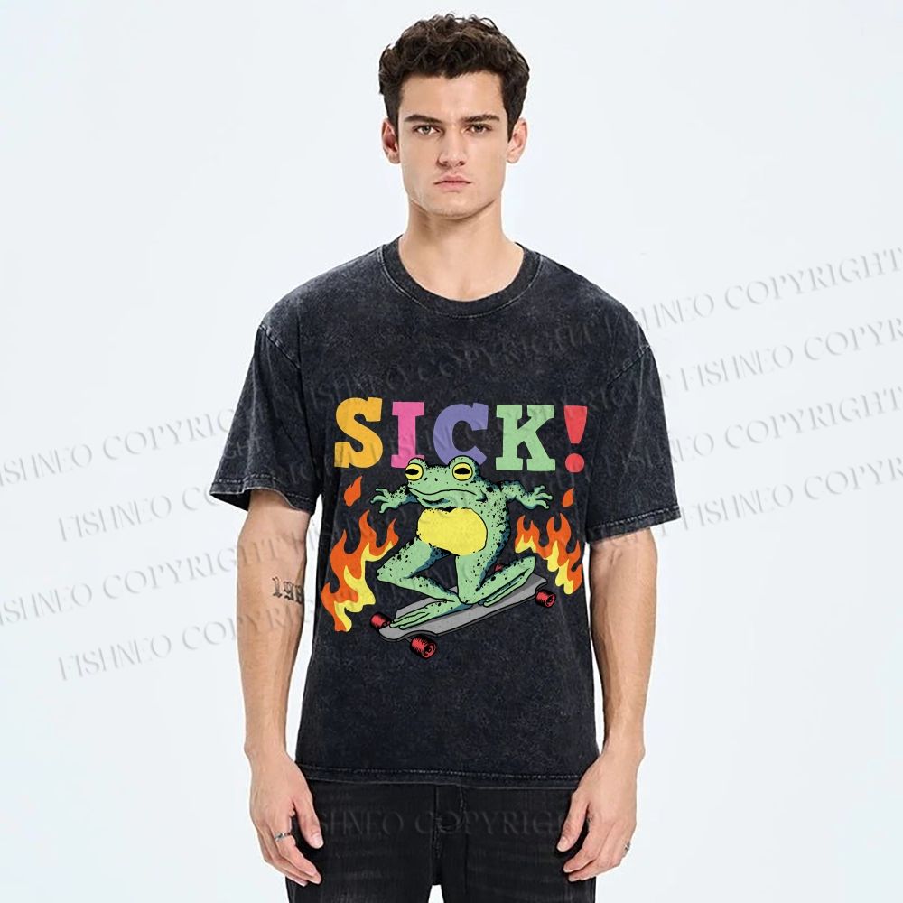 Unisex Vintage Funny Sick Frog Skating Printed Washed Tee