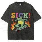 Unisex Vintage Funny Sick Frog Skating Printed Washed Tee