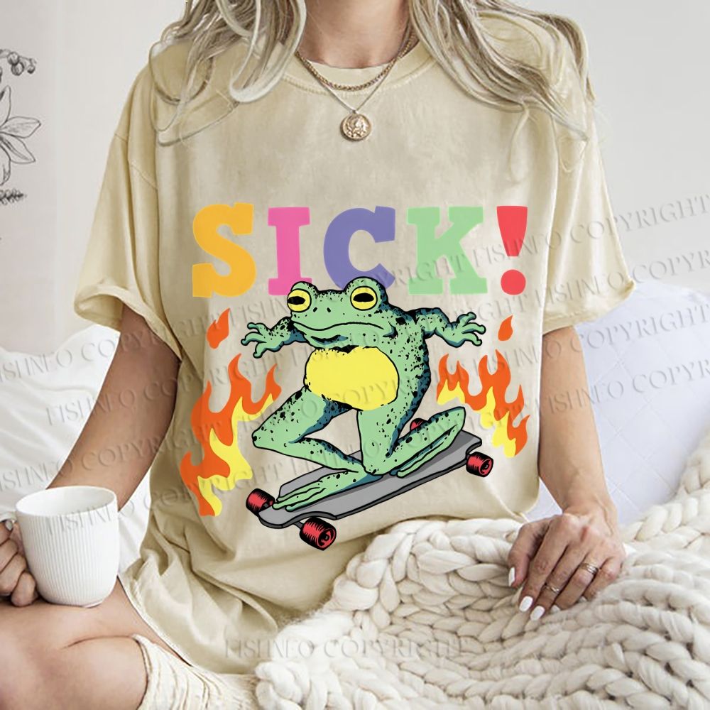 Unisex Vintage Funny Sick Frog Skating Printed Washed Tee