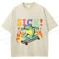 Unisex Vintage Funny Sick Frog Skating Printed Washed Tee