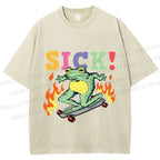 Unisex Vintage Funny Sick Frog Skating Printed Washed Tee