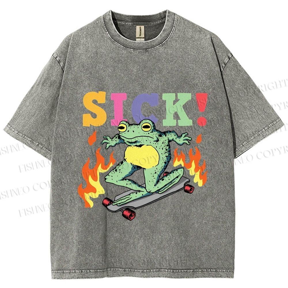 Unisex Vintage Funny Sick Frog Skating Printed Washed Tee