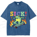 Unisex Vintage Funny Sick Frog Skating Printed Washed Tee