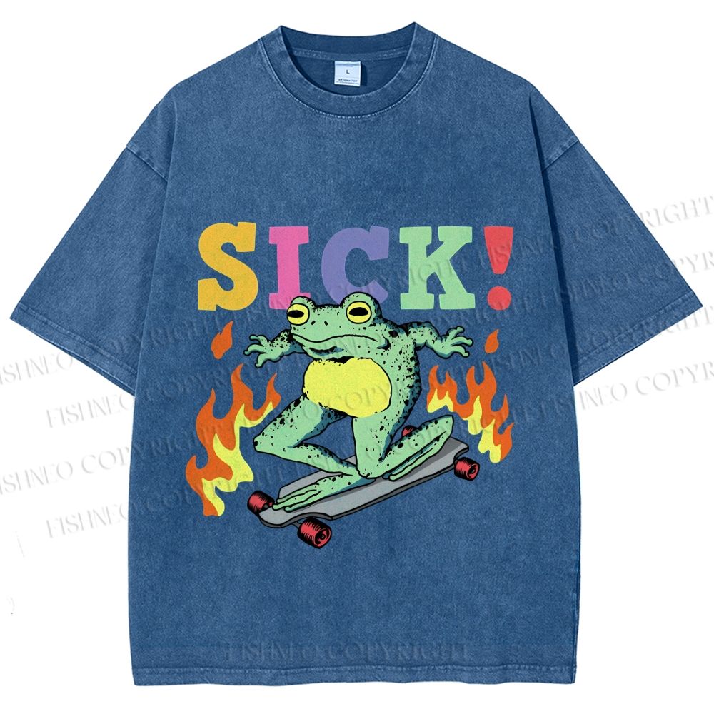 Unisex Vintage Funny Sick Frog Skating Printed Washed Tee