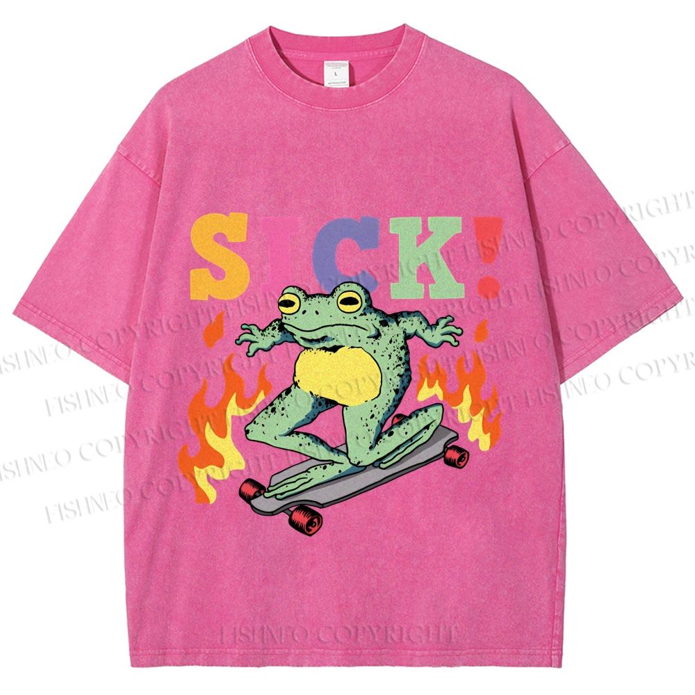 Unisex Vintage Funny Sick Frog Skating Printed Washed Tee