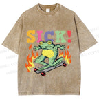 Unisex Vintage Funny Sick Frog Skating Printed Washed Tee
