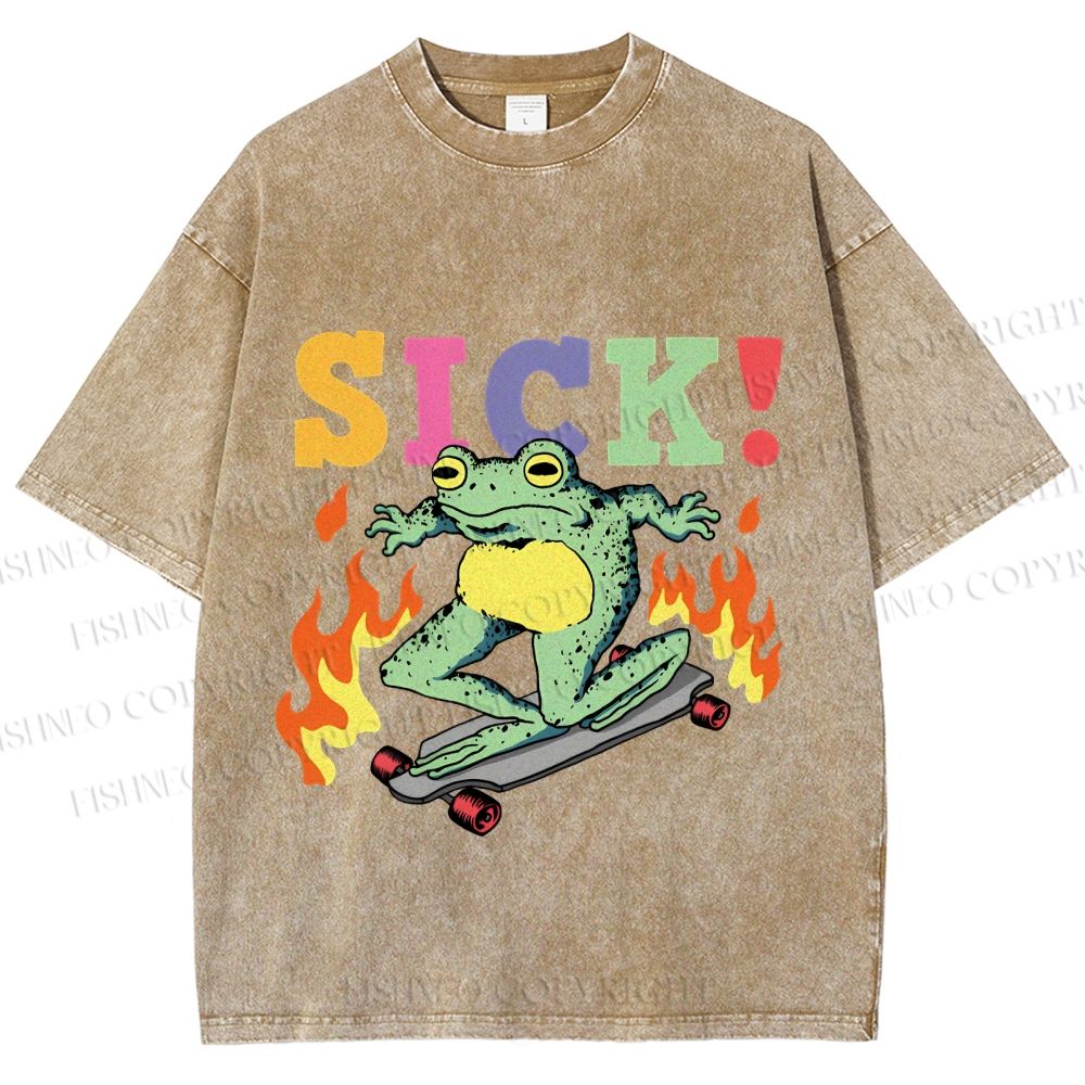 Unisex Vintage Funny Sick Frog Skating Printed Washed Tee