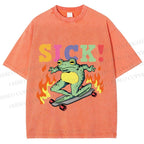 Unisex Vintage Funny Sick Frog Skating Printed Washed Tee