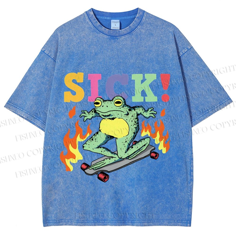Unisex Vintage Funny Sick Frog Skating Printed Washed Tee