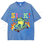 Unisex Vintage Funny Sick Frog Skating Printed Washed Tee