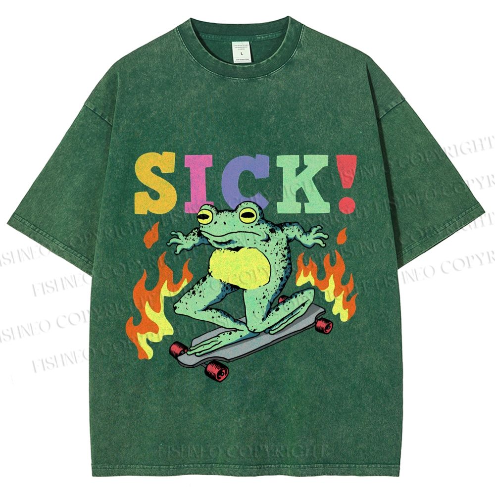 Unisex Vintage Funny Sick Frog Skating Printed Washed Tee