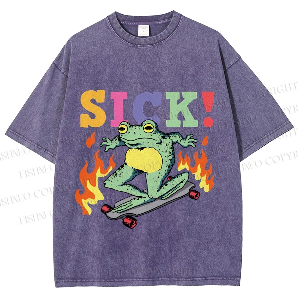 Unisex Vintage Funny Sick Frog Skating Printed Washed Tee