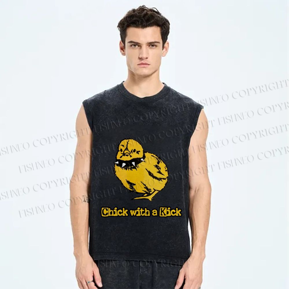 Unisex Punk Style Chick With A Kick Printed Washed Tank Top