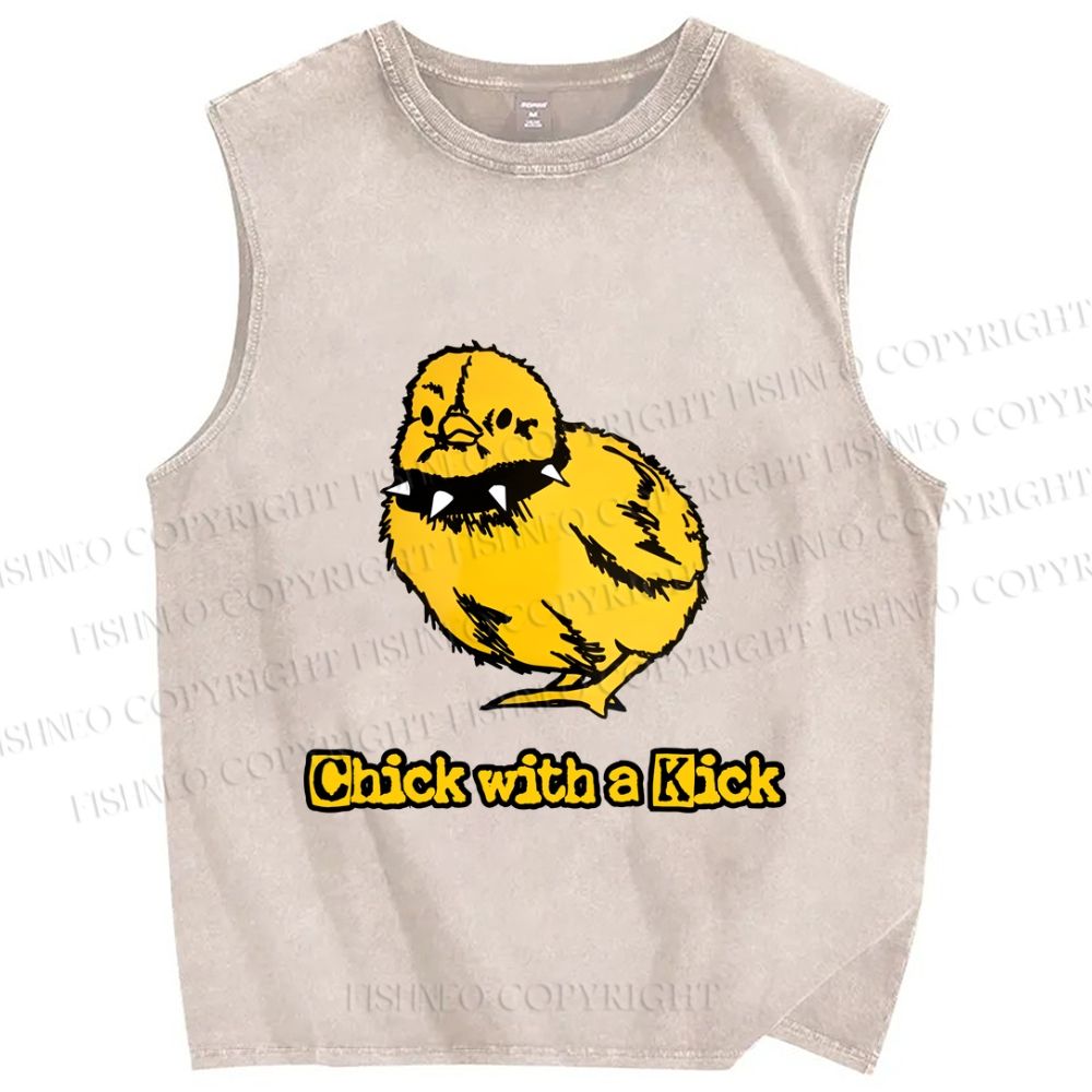 Unisex Punk Style Chick With A Kick Printed Washed Tank Top
