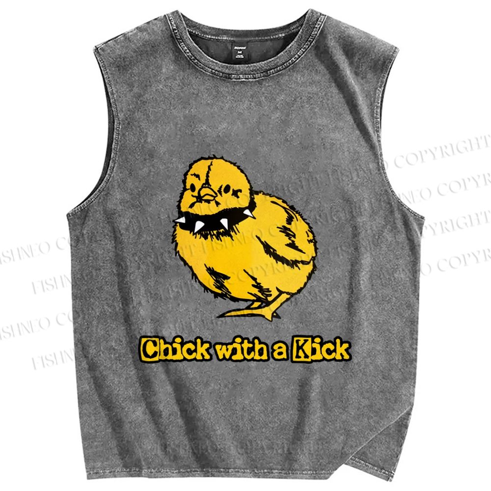 Unisex Punk Style Chick With A Kick Printed Washed Tank Top