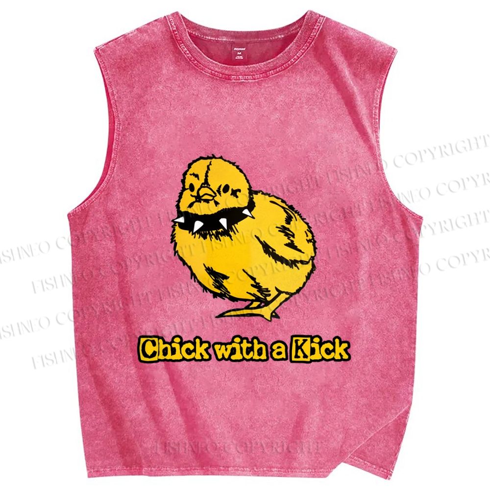 Unisex Punk Style Chick With A Kick Printed Washed Tank Top