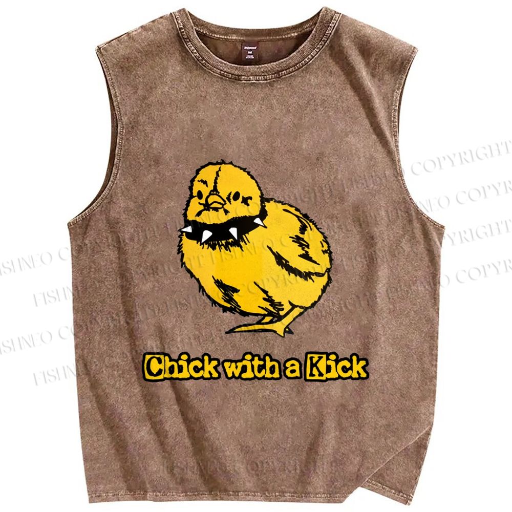 Unisex Punk Style Chick With A Kick Printed Washed Tank Top
