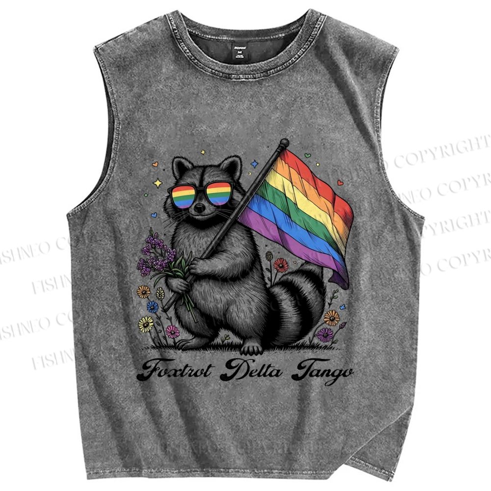 Unisex Pride Raccoon With Flag Printed Washed Tank Top