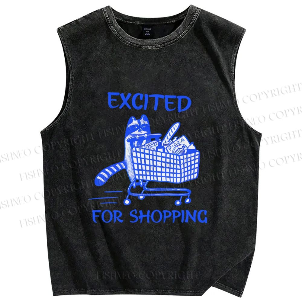 Unisex Raccoon Excited For Shopping Printed Washed Tank Top