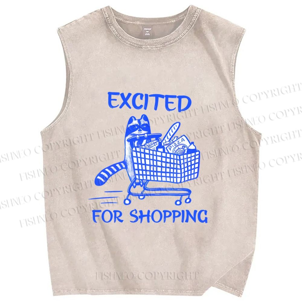 Unisex Raccoon Excited For Shopping Printed Washed Tank Top
