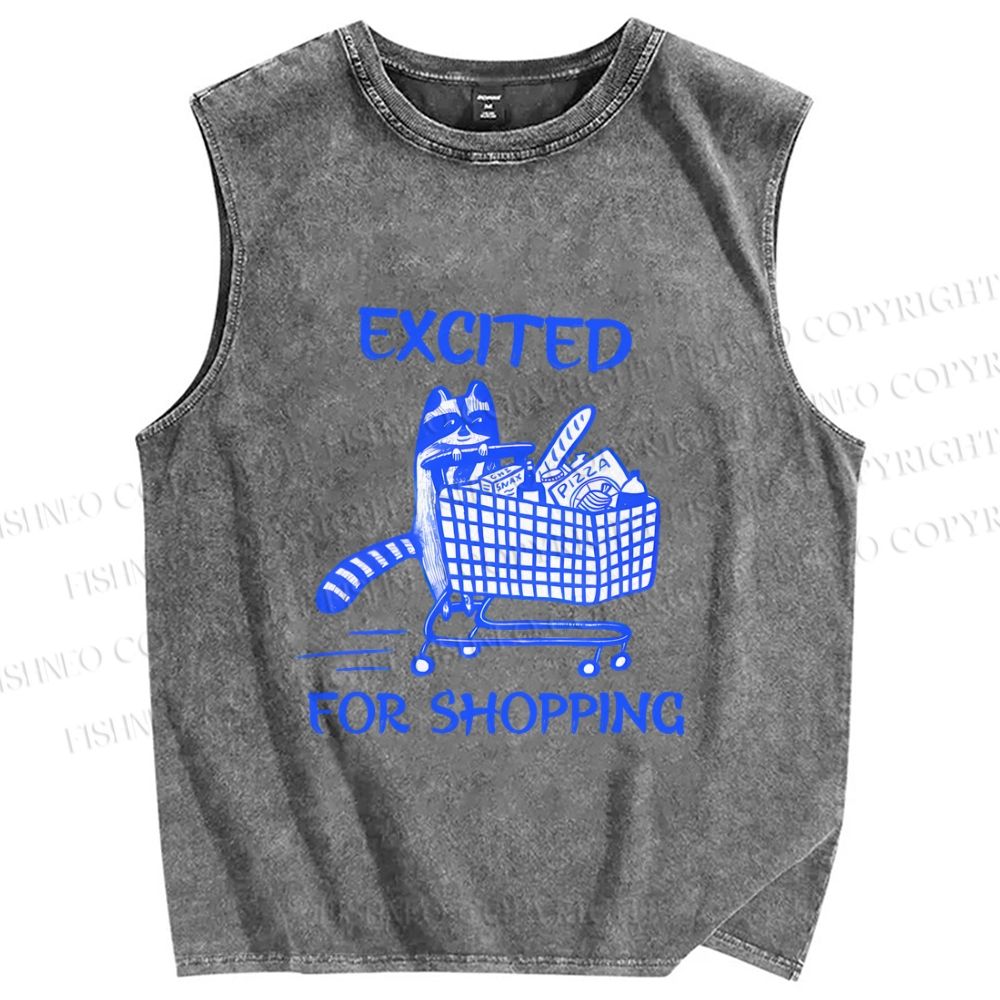 Unisex Raccoon Excited For Shopping Printed Washed Tank Top