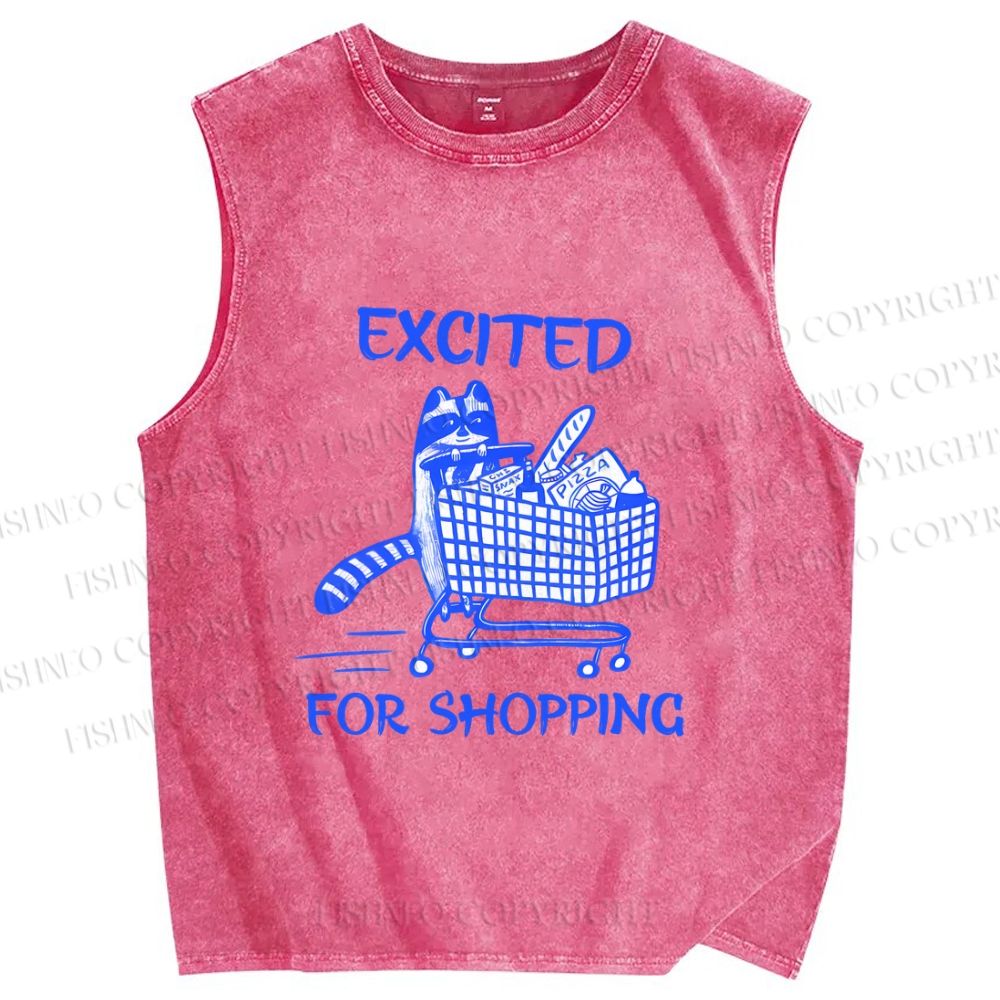 Unisex Raccoon Excited For Shopping Printed Washed Tank Top