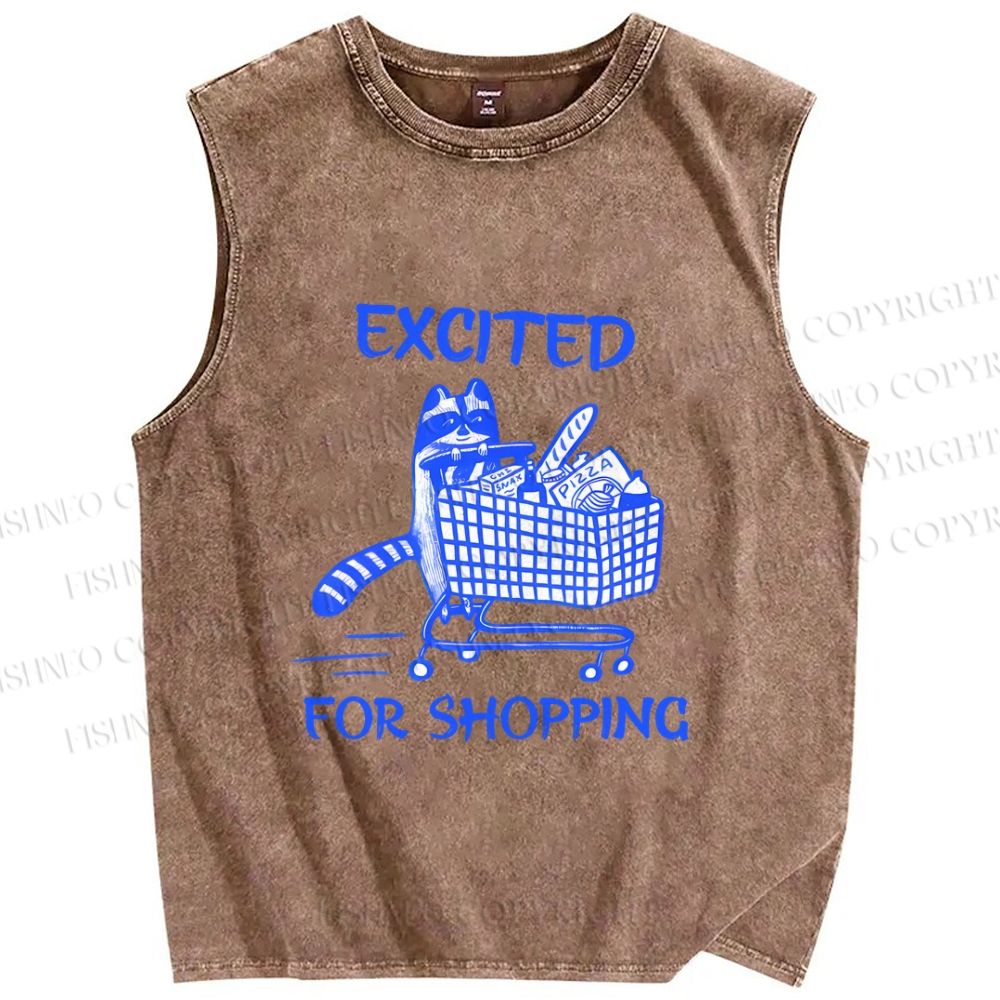 Unisex Raccoon Excited For Shopping Printed Washed Tank Top