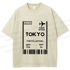 Unisex Tokyo Boarding Card Vintage Printed Washed Tee