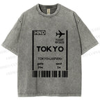 Unisex Tokyo Boarding Card Vintage Printed Washed Tee