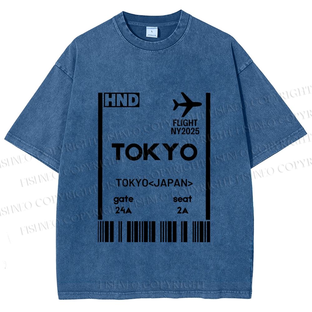 Unisex Tokyo Boarding Card Vintage Printed Washed Tee