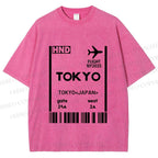 Unisex Tokyo Boarding Card Vintage Printed Washed Tee