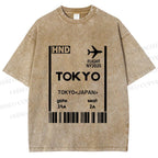 Unisex Tokyo Boarding Card Vintage Printed Washed Tee