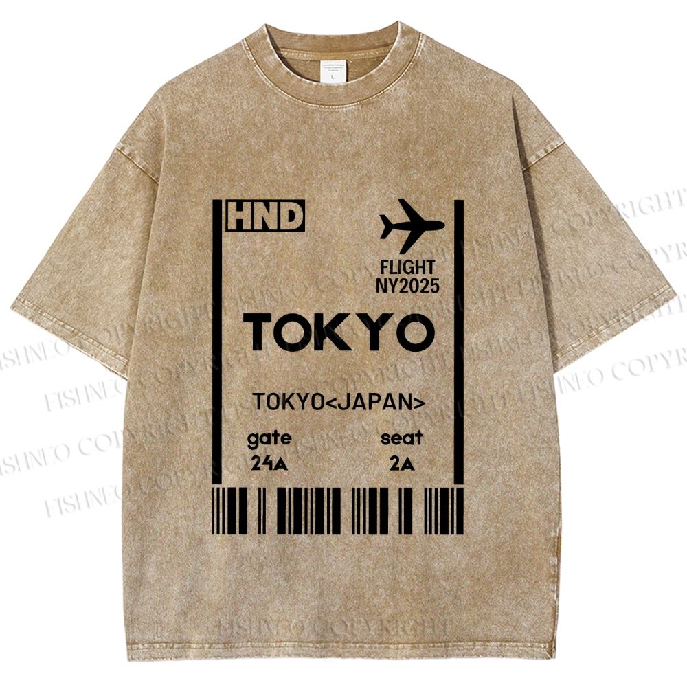 Unisex Tokyo Boarding Card Vintage Printed Washed Tee
