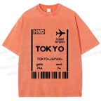 Unisex Tokyo Boarding Card Vintage Printed Washed Tee