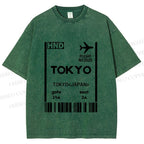 Unisex Tokyo Boarding Card Vintage Printed Washed Tee