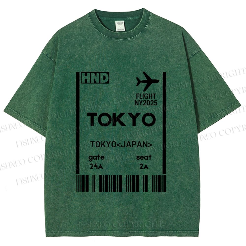 Unisex Tokyo Boarding Card Vintage Printed Washed Tee