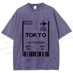 Unisex Tokyo Boarding Card Vintage Printed Washed Tee